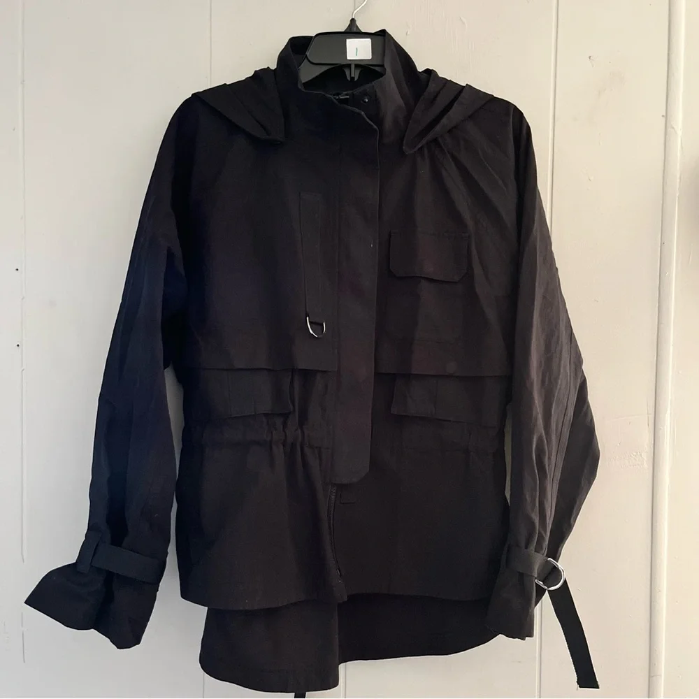 Alo Surplus Detachable Hood Black Jacket Cotton w/ Pockets Relaxed Fit Women’s S
